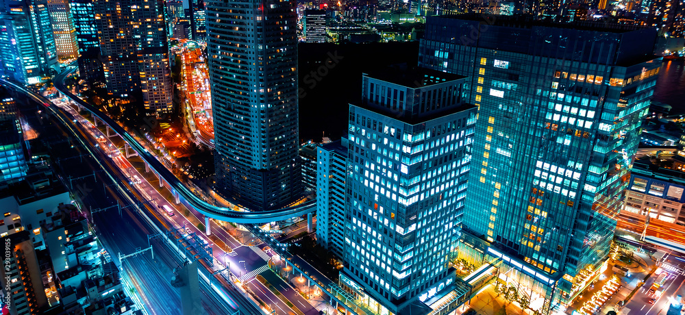 Aerial view of the cityscape of Minato, Tokyo, Japan at night