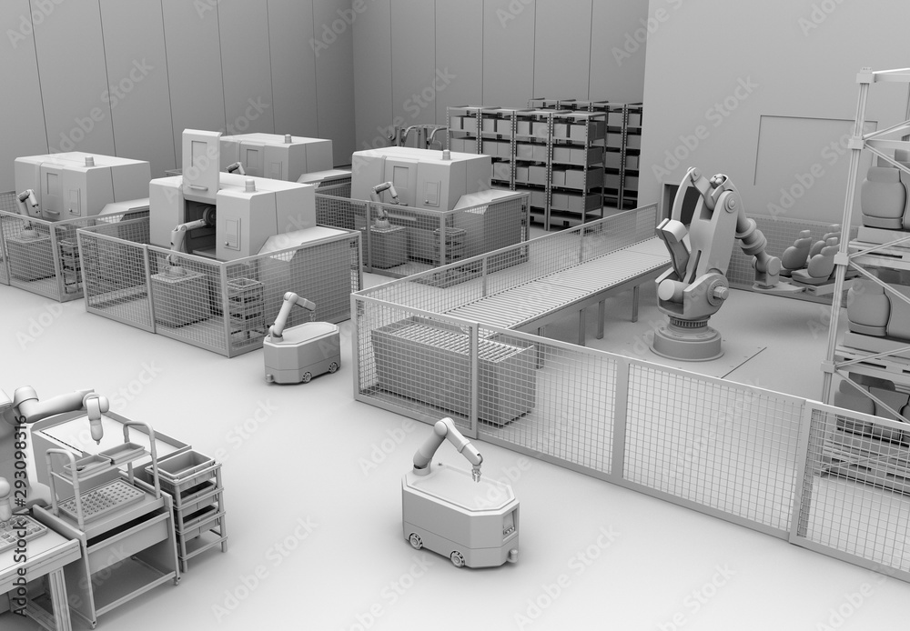 Clay rendering of mobile robots, heavy payload robot cell and CNC machines in smart factory. 3D rend