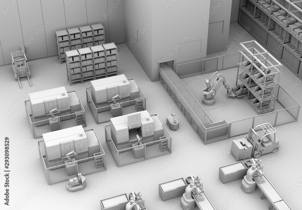 Clay rendering of mobile robots, dual-arm robots, heavy payload robot cell and CNC machines in smart