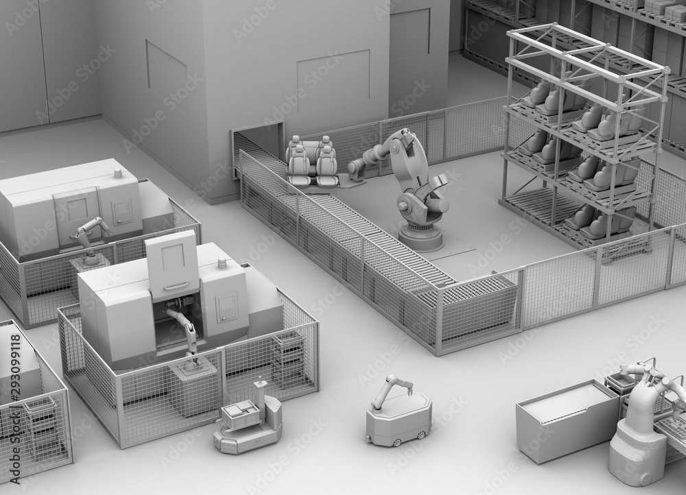 Clay rendering of mobile robots, heavy payload robot cell and CNC machines in smart factory. 3D rend