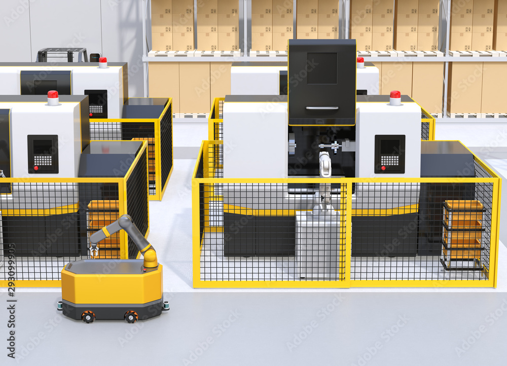 Mobile robot passing CNC robot cells in factory. Smart factory concept. 3D rendering image.