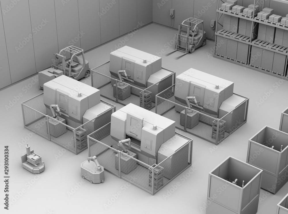 Clay rendering of mobile robots passing CNC robot cells in factory. Smart factory concept. 3D render