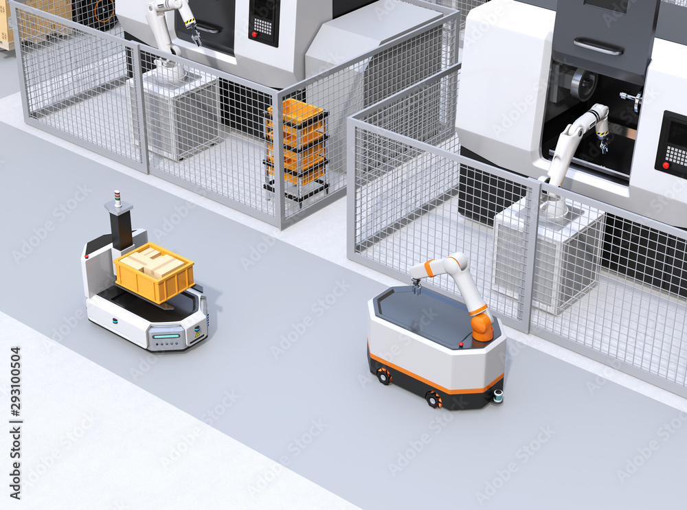 Mobile robots passing CNC robot cells in factory. Smart factory concept. 3D rendering image.