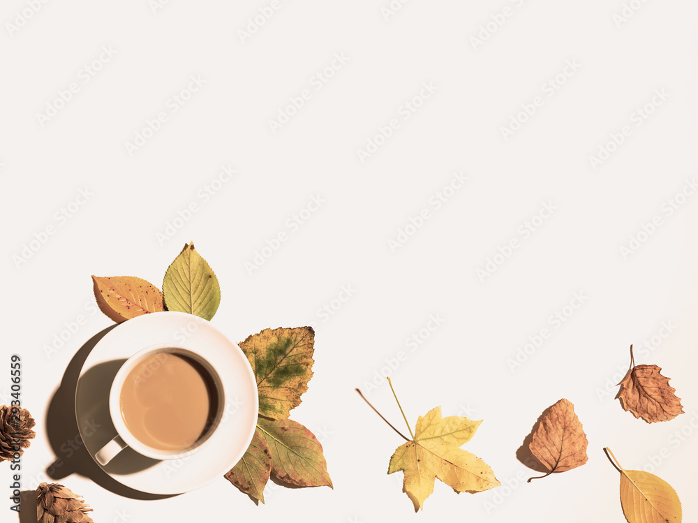 Autumn theme with a cup of coffee - overhead view flat lay