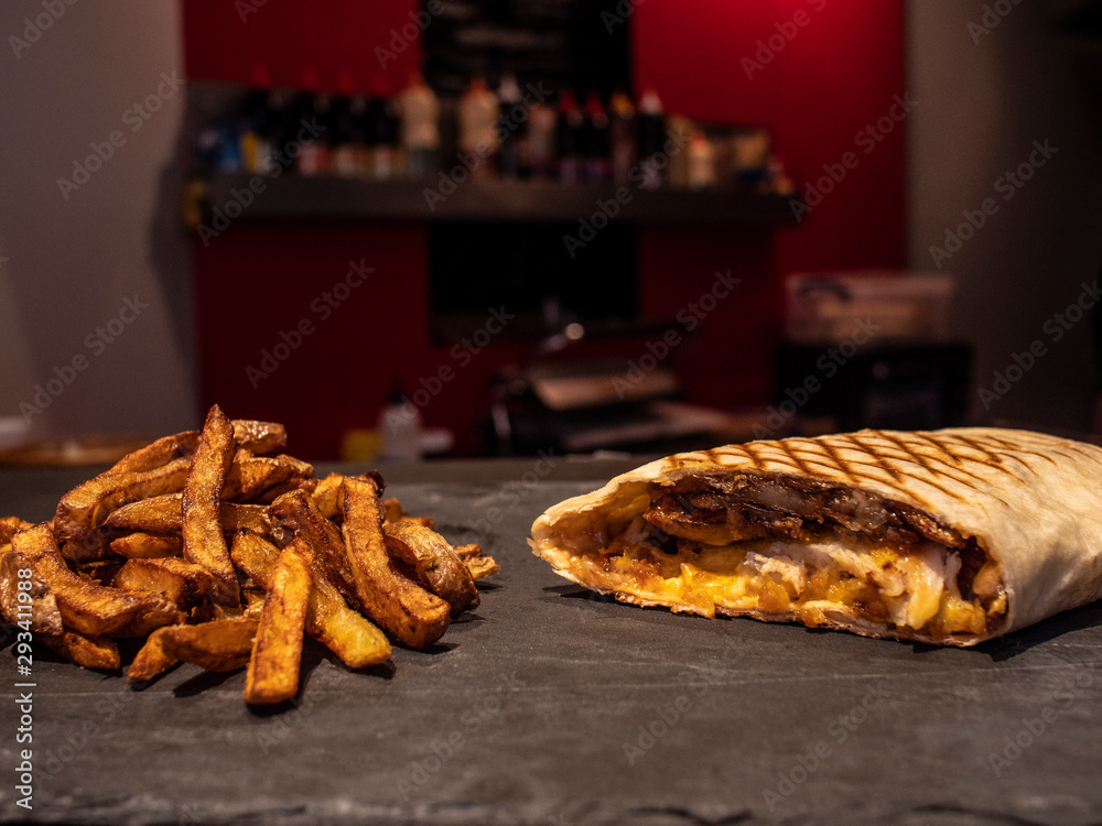 Cut French Tacos Close up with Fries on Slate 3