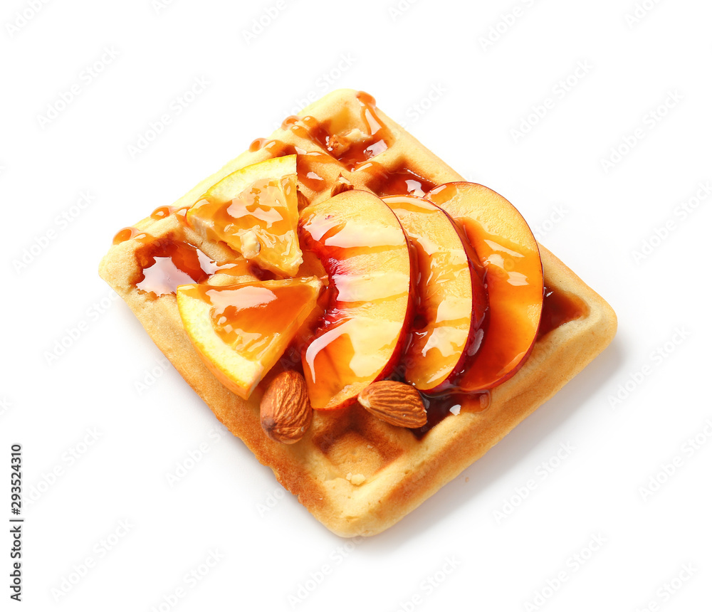 Tasty waffles with fruits on white background