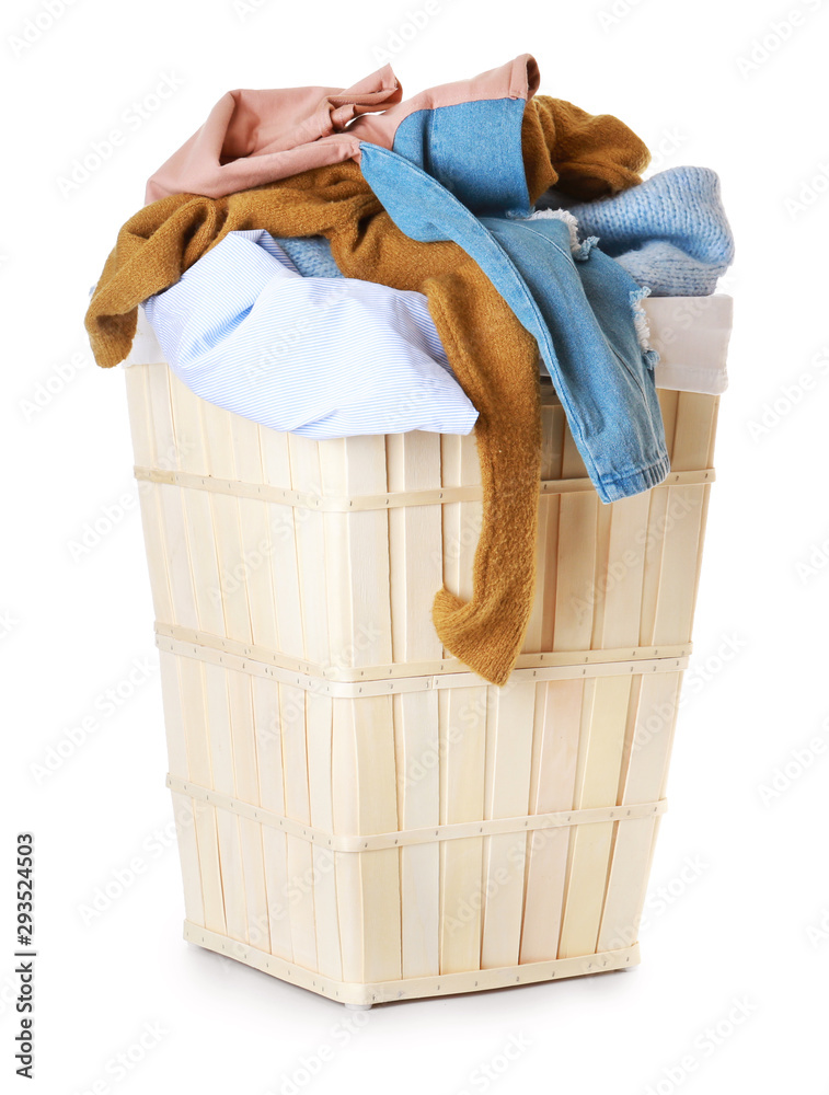 Basket with laundry on white background