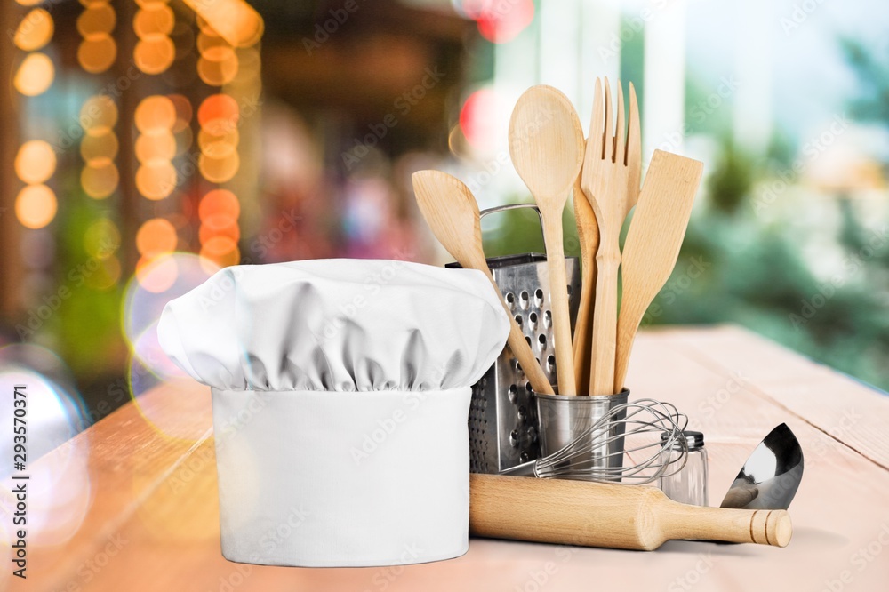 Set of kitchen utensils on background