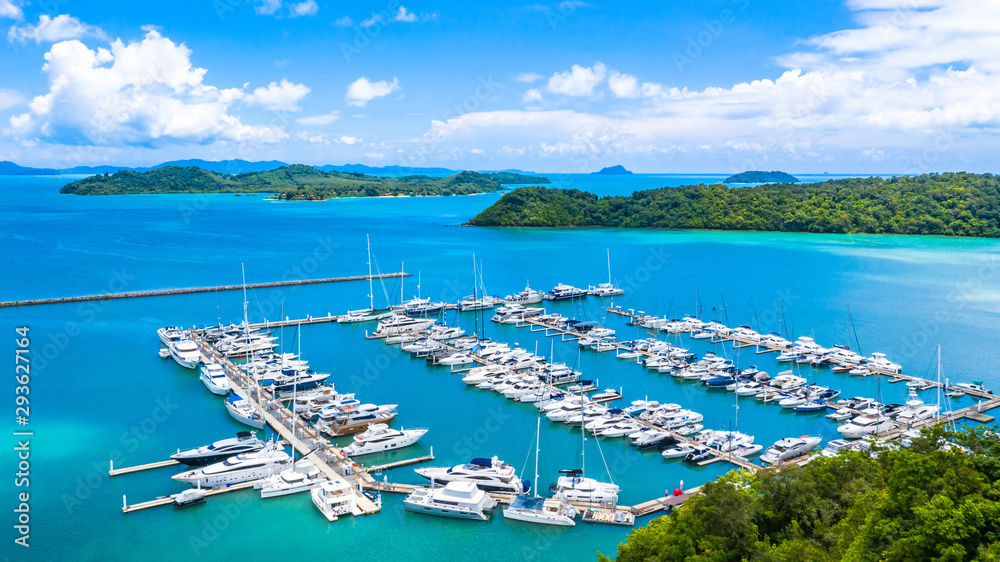 Beautiful port yachts and boats in marina bay, Aerial view of yachts and boat in the marina clear wa