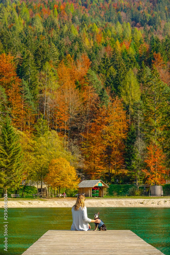 Girl sitting on the pier pets her dog while observing the emerald lake in autumn