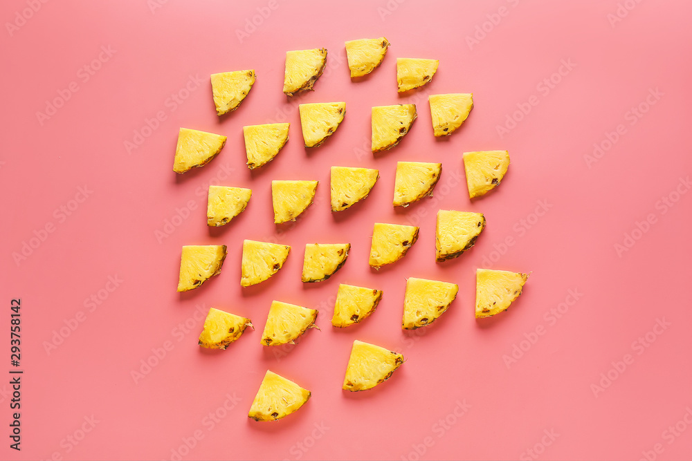 Many slices of pineapple on color background