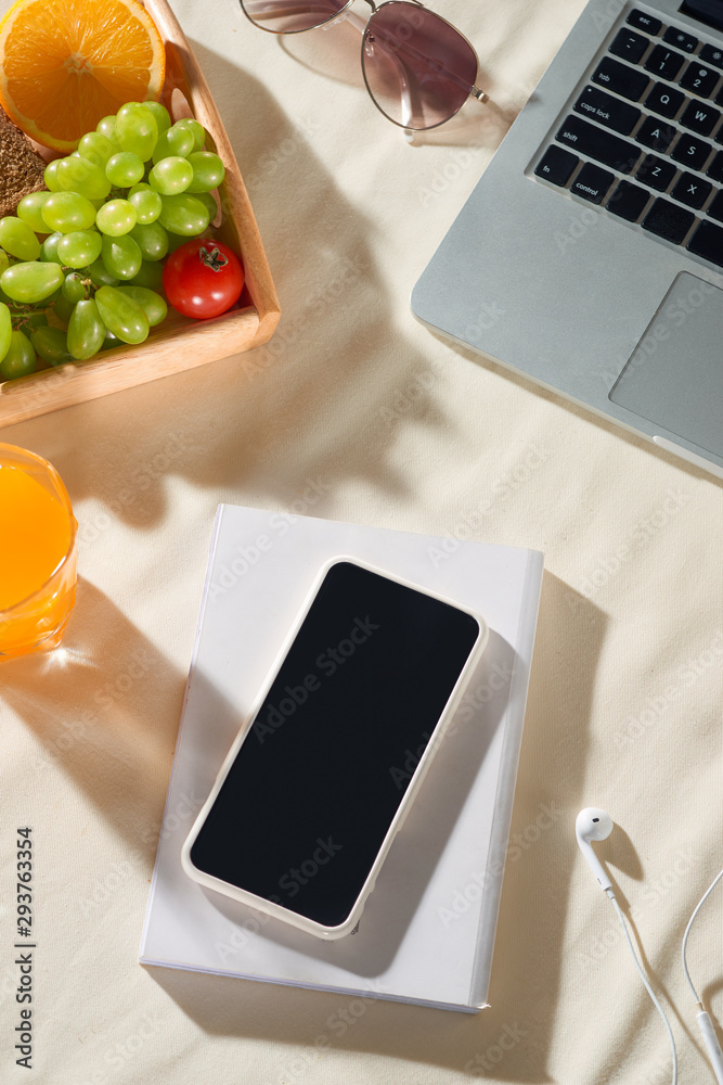 Picnic concept and summer holiday with laptop, phone, juice, fruit, earphone on light background.