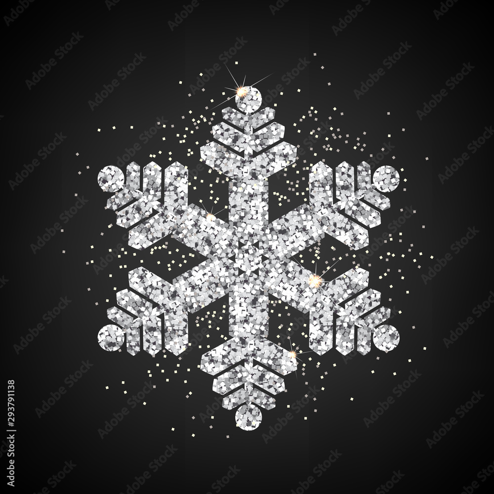 Shiny silver snowflake on a dark background with highlights, Christmas decoration, vector.