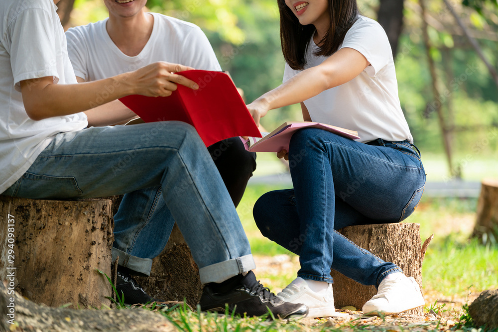 在大学或学校的公园里学习小组项目的年轻学生团队。快乐学习