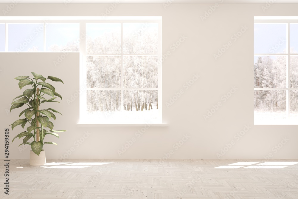 Mock up of empty room in white color with winter landscape in window. Scandinavian interior design. 