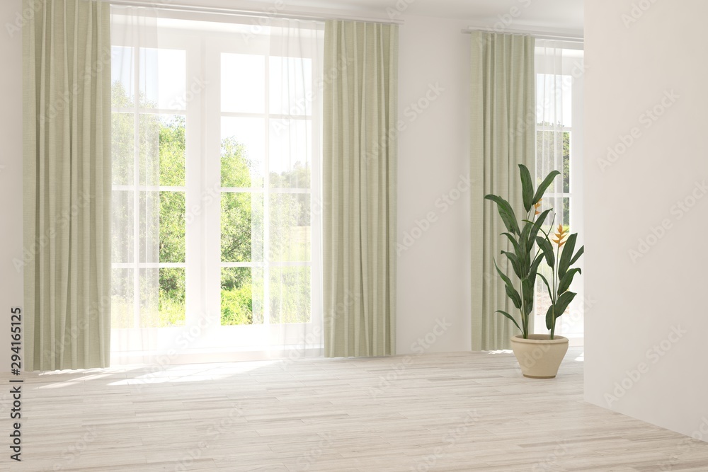 Stylish empty room in white color with summer landscape in window. Scandinavian interior design. 3D 