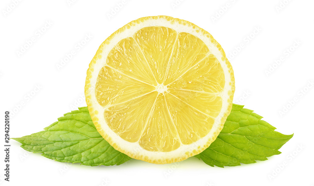 Isolated lemon and mint. Lemon cross section and two leaves of mint isolated on white background wit