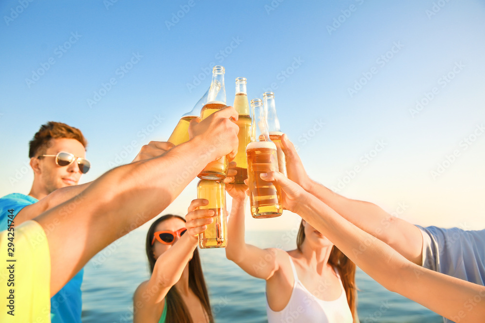 Friends drinking beer on sea beach