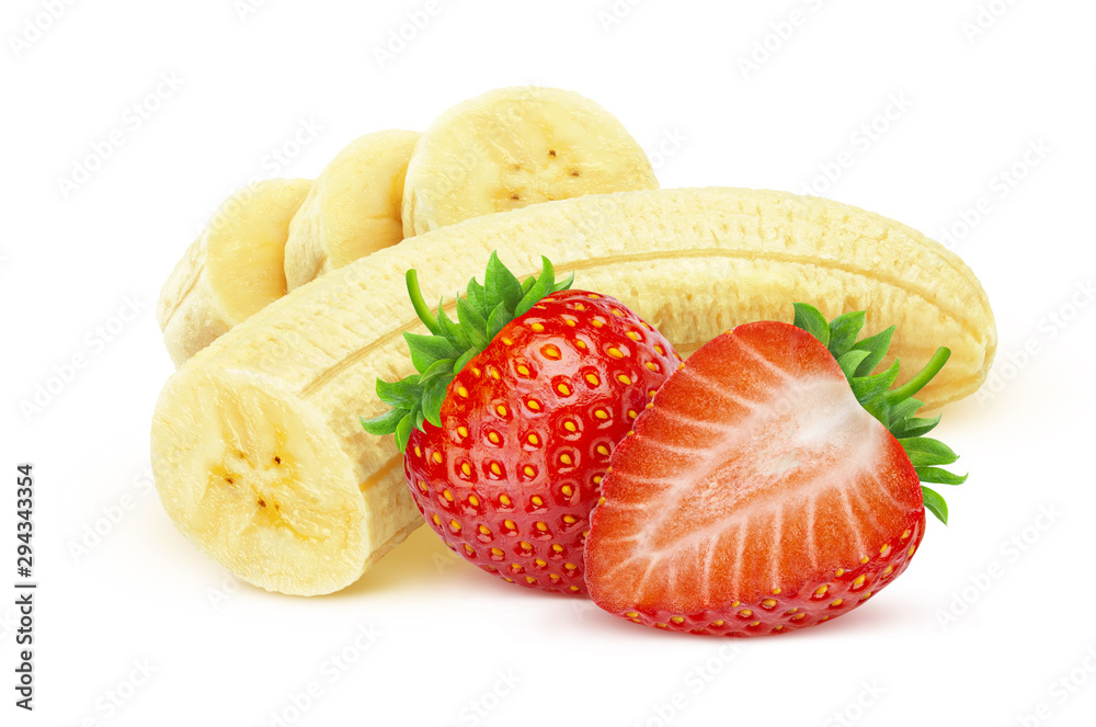 Banana and strawberry isolated on white background with clipping path