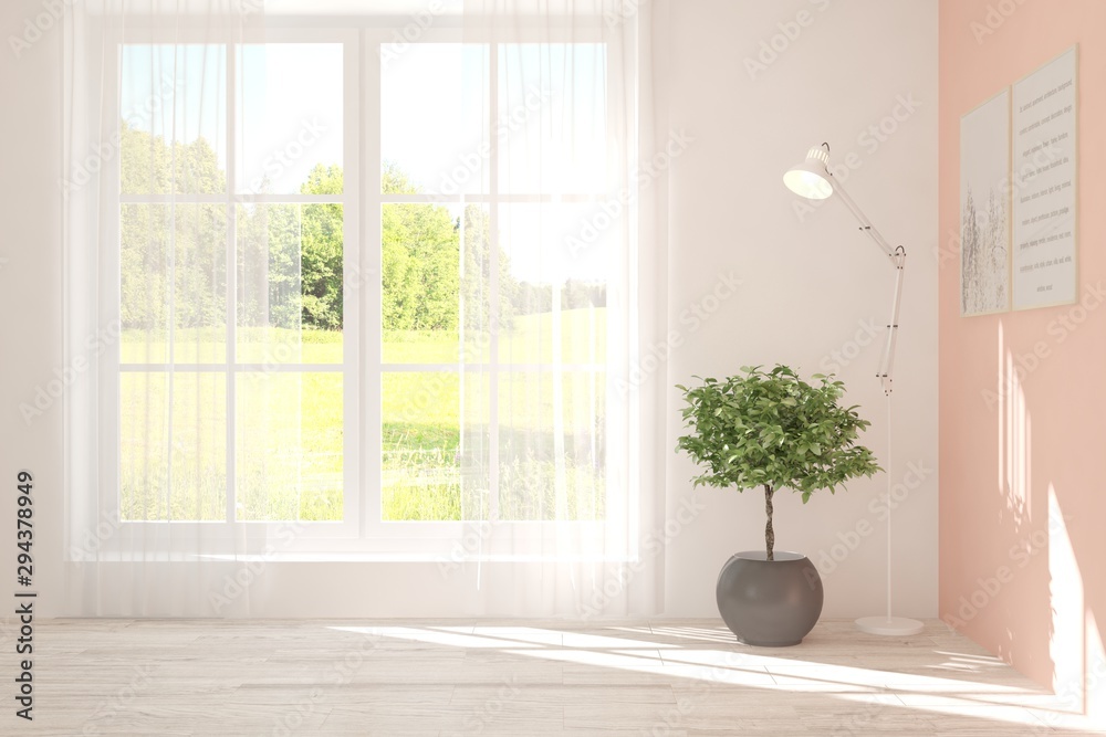 Stylish empty room in white color with summer landscape in window. Scandinavian interior design. 3D 