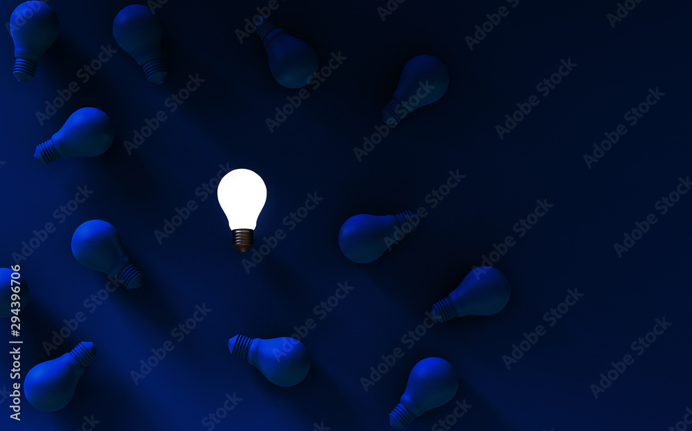 Light bulbs on dark blue background. Idea concept. 3D Illustration.