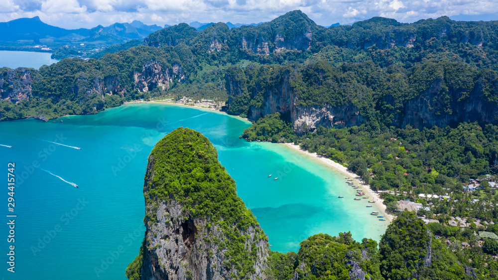 Aerial view Railay East Beach beautiful bay in Krabi province, tropical coast with paradise beach, T