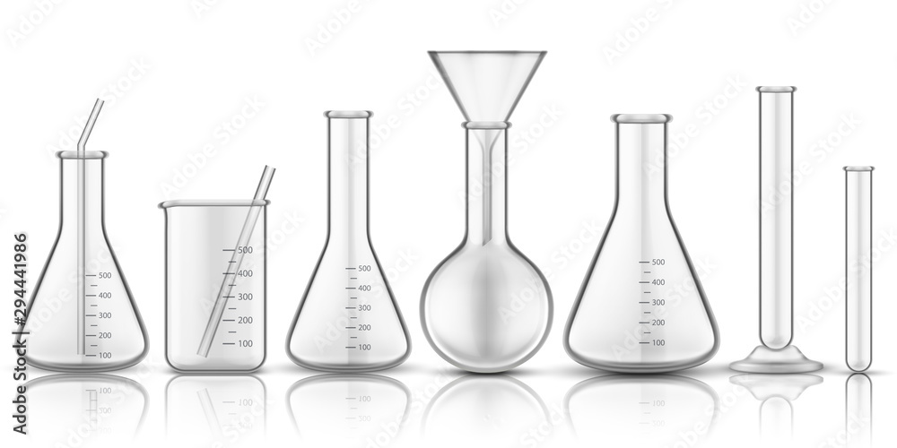 Glassware beaker or measuring glass. Set of isolated chemistry flask or biology test-tube, science t