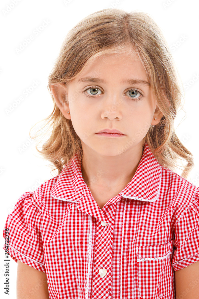 Sad little girl on white background