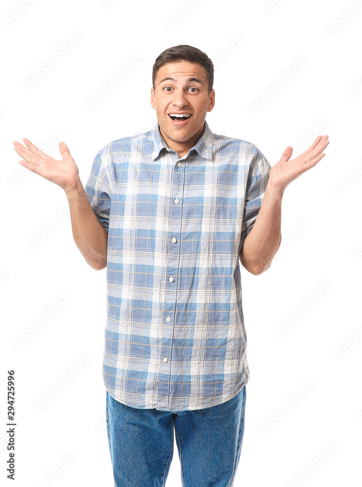 Portrait of helpless young man on white background