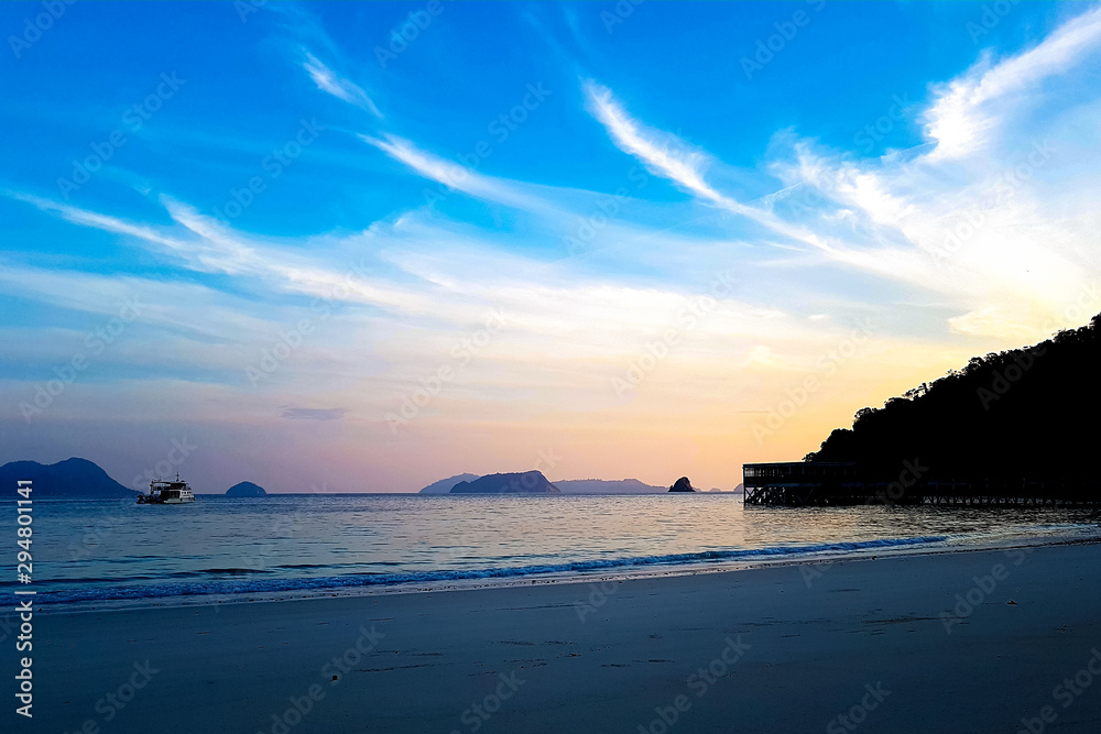 Beautiful scenery of sea and beach at sunset time. Taken at Nyaung Oo phee Island, Myanmar.