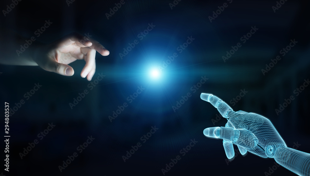 Wireframed Robot hand making contact with human hand on dark 3D rendering