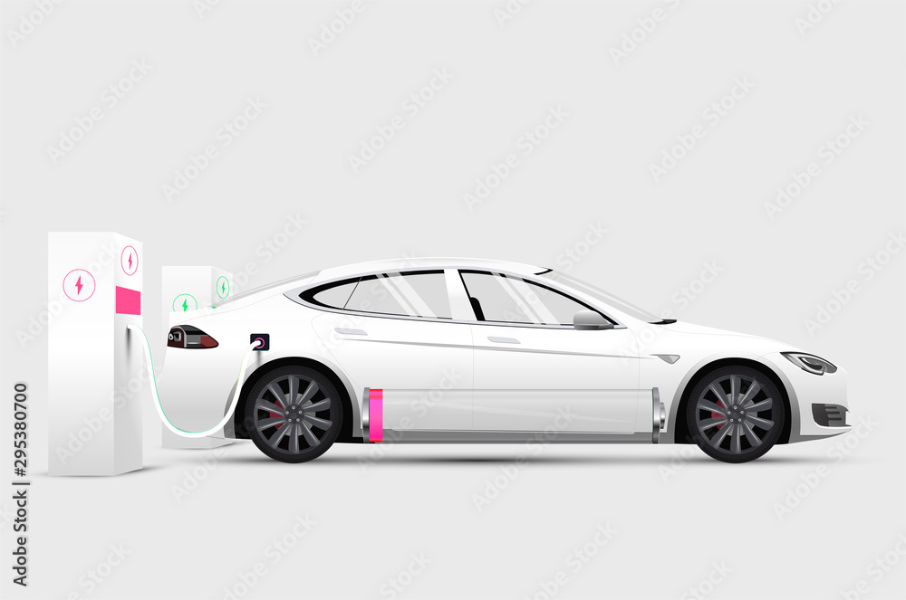 White electric car at charging station with low battery. Isolated realistic white electric car. Vect