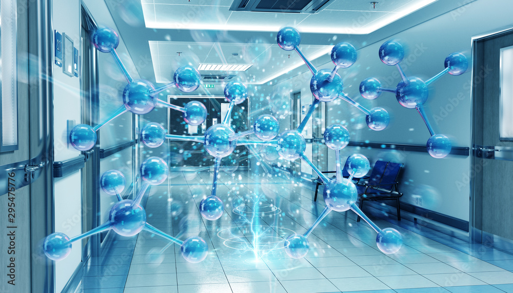 Hospital blue corridor with digital molecules floating in dots connections 3D rendering