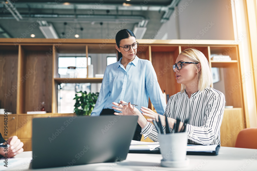 年轻的女商人在办公室会议上解释她的想法