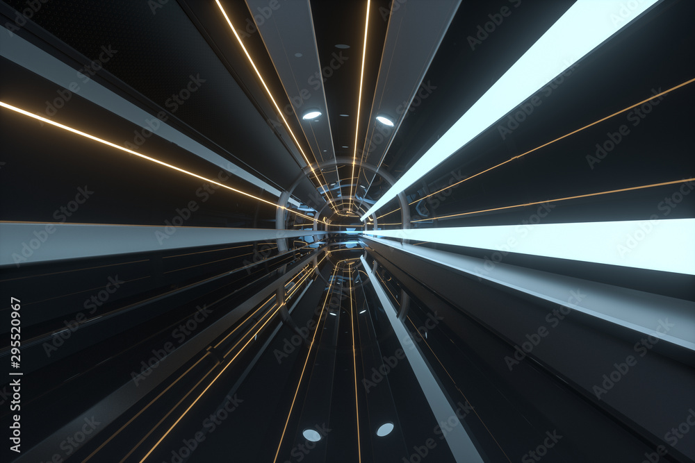 Dark tunnel with light at the end, 3d rendering.