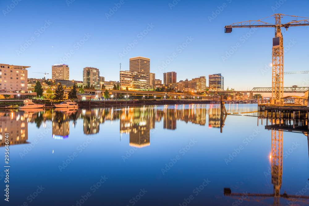 Tacoma, Washington, USA downtown skyline at dusk