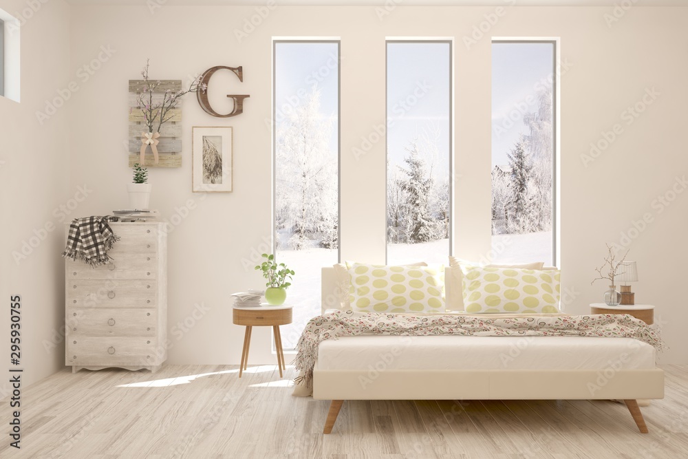 Stylish bedroom in white color with winter landscape in window. Scandinavian interior design. 3D ill