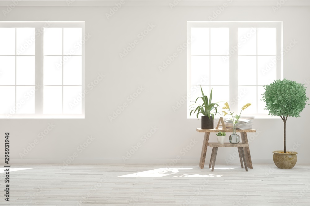 Empty room in white color. Scandinavian interior design. 3D illustration