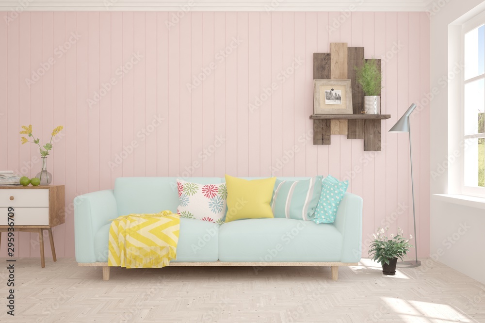 Stylish room in pink color with colorful sofa. Scandinavian interior design. 3D illustration