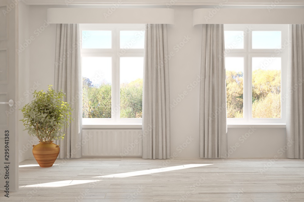 Stylish empty room in white color with autumn landscape in window. Scandinavian interior design. 3D 