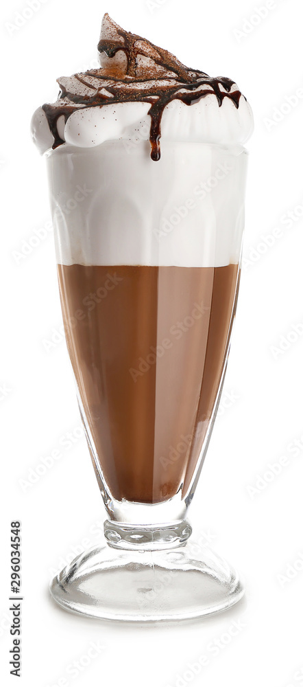 Glass of tasty frappe coffee on white background