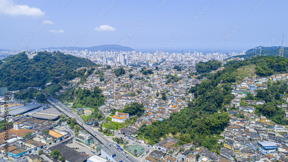 Aerial view of slum in the city of Santos city, Brazil.