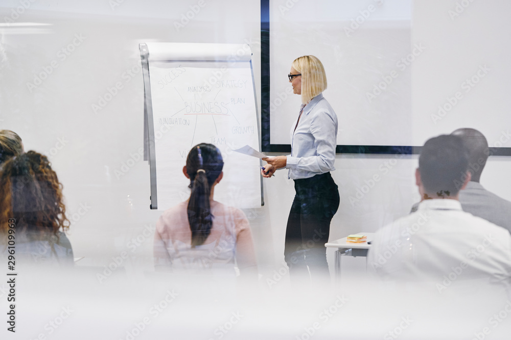 Manager explaining business concepts to her diverse staff