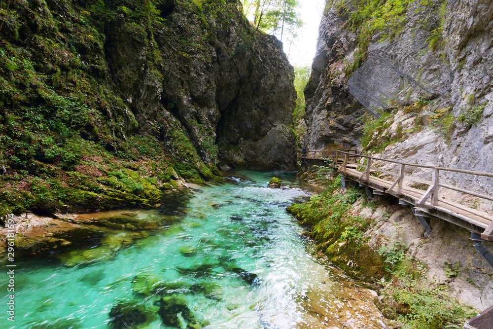 Vintgar Gorge，清澈的绿松石水流，配有木制观景走道和桥梁