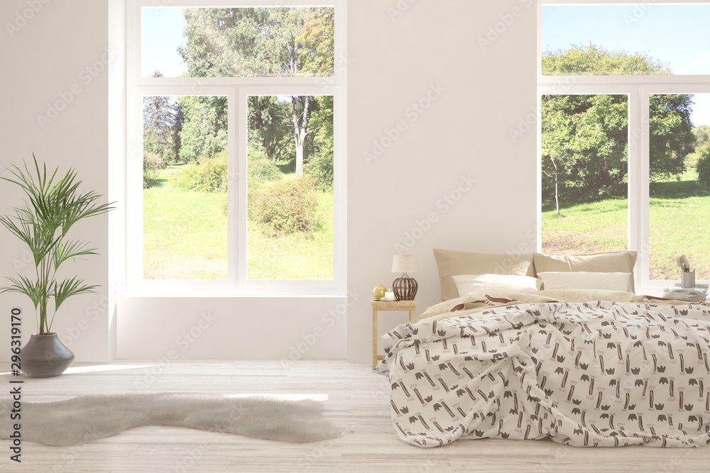 Stylish bedroom in white color with smmer landscape in window. Scandinavian interior design. 3D illu