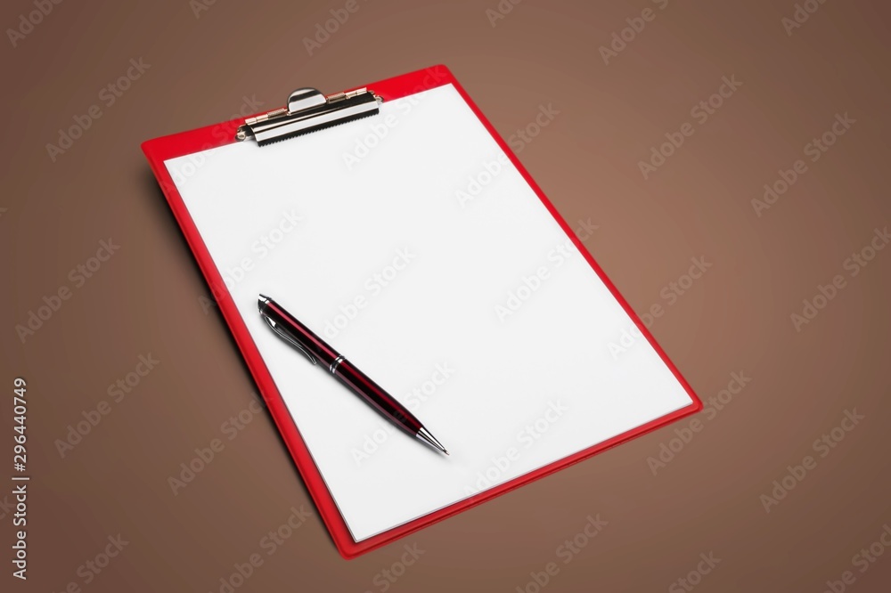 Blank  clipboard with a pen isolated on white background