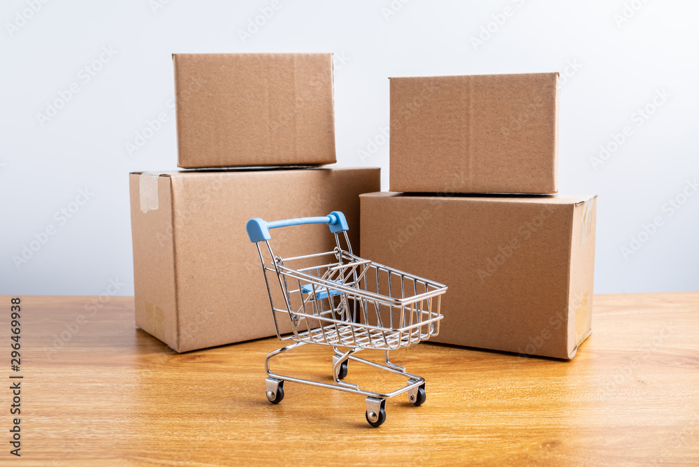 A bunch of express box paper boxes and shopping cart online shopping concept illustration on the tab