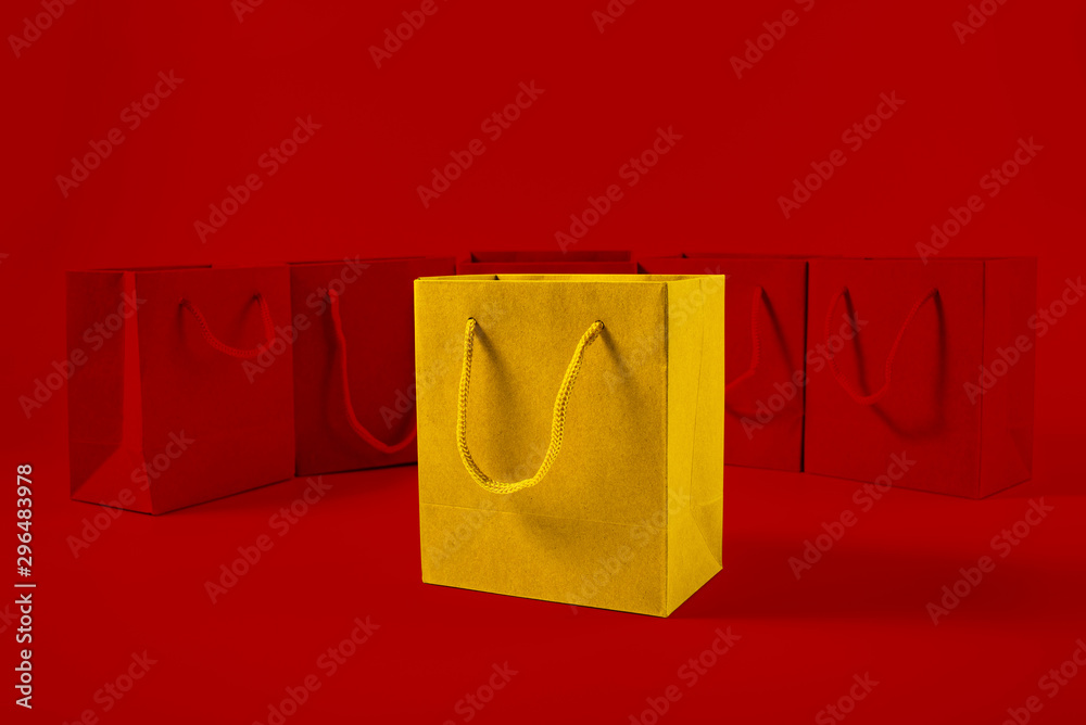 Shopping bag concept illustration poster with a bunch of shopping bags on red background