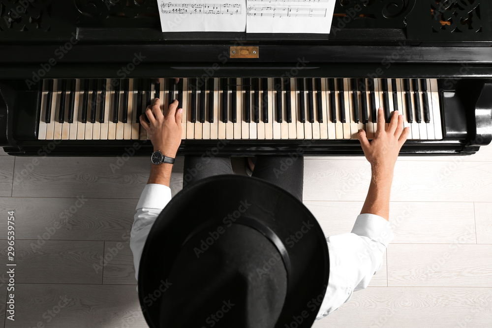 Man playing grand piano at the concert, top view