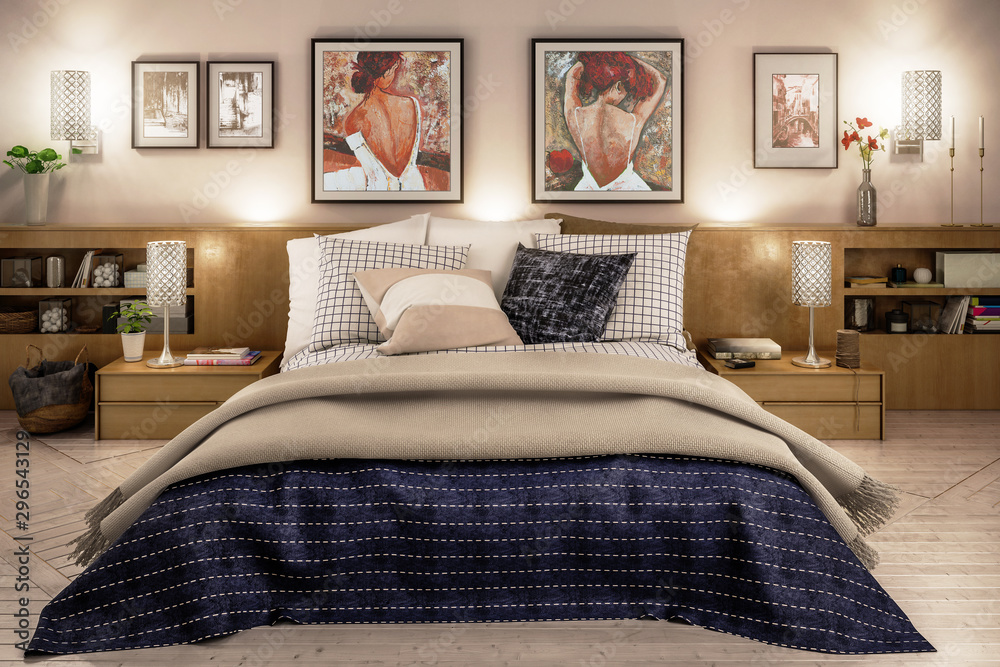 Elegant bedroom interior with artwork by artificial light - 3d visualization